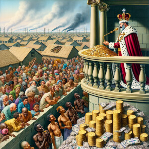 Gavin Newsom as a king hoarding money as he looks down on people...