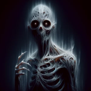 Create a hyper-realistic image of a sinister apparition, featuri...