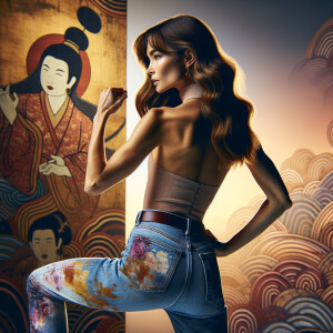 Athletic Thin skinny Attractive, Asian teenage girl, long brown hair and bangs, wearing tight skinny jeans and a halter top paint marks on her clothing, heroic pose Asian graffiti background, backside view