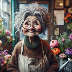 a whimsical realistic image of an old lady with wild grey hair t...
