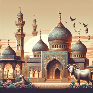 Create a festive sketch for Eid ul-Adha featuring a mosque and a...