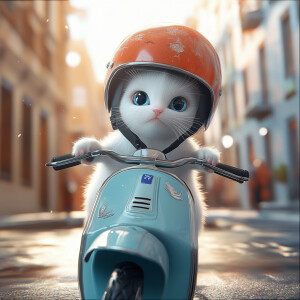 A white kitten wearing a helmet is riding a Vespa bicycle in the...