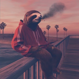 Sloths slerf meme..leaning on boardwalk railing smoking a cigare...
