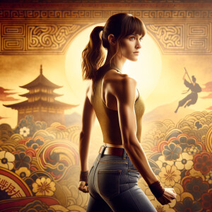 Athletic Thin skinny Attractive, Asian teenage girl, long brown hair and bangs, wearing tight skinny jeans and a halter top paint marks on her clothing, heroic pose Asian graffiti background,  backside view