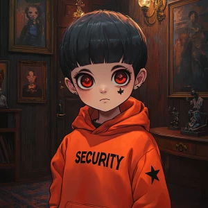 Create an image of a young anime-style character with short blac...