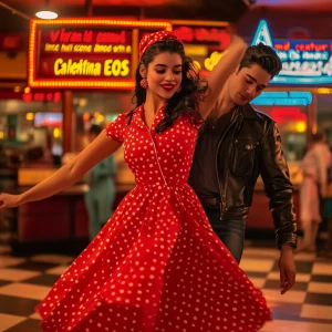 “A vibrant mid-century dance hall scene captured with a Canon EOS R5 and a 50mm f/1.2 lens. the image is focused on Dahlia Valentina fit tall supple well endowed tanned Italian American model (DahliaValentina_ai) stands in the center of a 1950s rockabilly dance, spinning in a bright red polka-dot dress with a fitted bodice and a flared skirt that lifts as she twirls. Her long wavy black hair is tied up with a matching headscarf, and she wears classic cat-eye eyeliner with a bold red lip. She dances with a charming partner dressed in a leather jacket and cuffed jeans, both caught mid-motion in a lively jitterbug step. The neon signs glow behind them, casting warm reflections on the checkered dance floor. The energy of the crowd, jukebox music, and the flickering of retro diner lights add to the nostalgic atmosphere. The composition follows dynamic angles, emphasizing movement and vintage allure.”