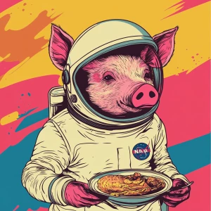 Cute cartoon pig in vintage white spacesuit and NASA style helme...