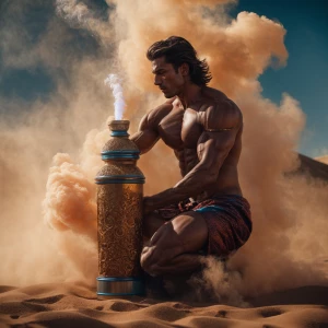 Generate an image of a chiseled, masculine genie with brown hair...