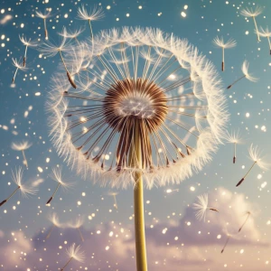 Giant dandelion scattering stardust:** A giant, hyperrealistic d...