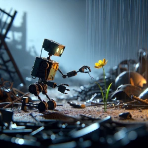 The small silhouette of a robot  gathers scraps of metal and deb...
