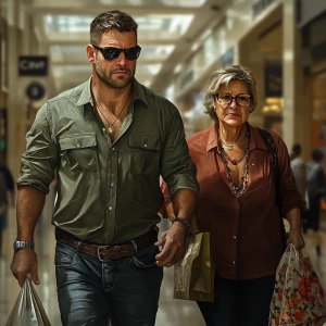 Photorealism,fantasy,a man(beefy muscular criminal)walking(shopp...