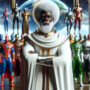 A powerful Black superhero with a white afro and majestic white...