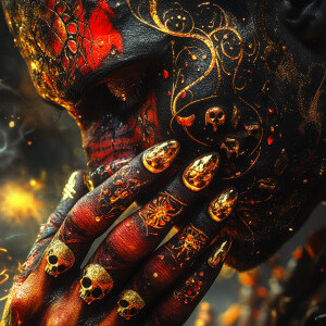 A fierce alien warrior with intricate tattoos and symbols adorni...