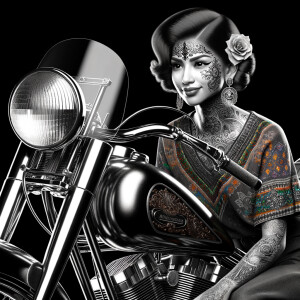 Creat a masterpiece of a beautiful purter rican woman with tattoos sitting on a shiny black Harley Davidson