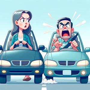2 people driving and the one in front drives slow and the one in...