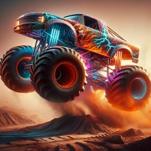 A brightly colored monster truck, its body covered in flames and lightning decals, launching off a dirt ramp in mid-air