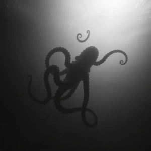 In the ethereal depths of a vast ocean, a silhouetted kraken twists and turns, its sinuous tentacles reaching out towards the unknown. Captured in a stunning black and white photograph, the creature appears both majestic and fearsome, its outline barely discernible against the deep, murky waters. The image exudes a sense of mystery and awe, with every detail meticulously rendered in sharp contrast. This hauntingly beautiful representation of the mythical sea monster is sure to leave viewers captivated and enthralled by its enigmatic presence.