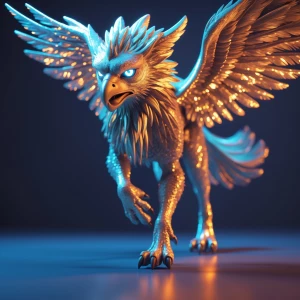 Create a digital artwork of a novel holographic griffin stepping...