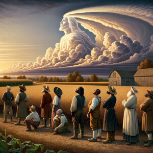 Slaves from the 1600s looking up at a cloud formation, the cloud...