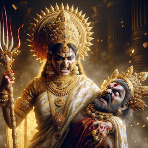 portrait of angry looking goddess durga  carrying a weak mahishasur in her arms and poking him with her amazingly long red fingernails. She is wearing a huge gold crown, white saree, abundant  gold jewelry, covered in blood. The scene is set in ancient India. The image is 8K resolution, cinematic, ultra detailed face and epic.