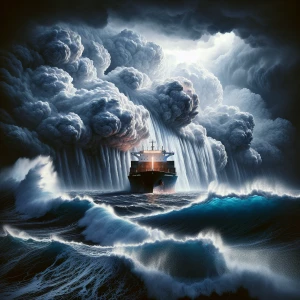 Surreal, dreamlike image: a massive cargo ship battling towering...