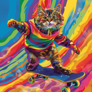A cat skateboarding in a vibrant hippie costume adorned with rai...