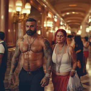 A muscular man with tattoos and visible sweat, accompanied by hi...