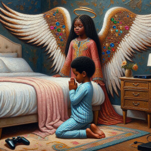An oil painting of two African-American children with dark skin,...