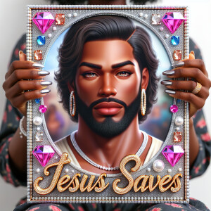 A 3D realistic artwork featuring the phrase 'Jesus Saves' adorne...