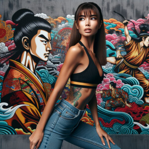 Very thin Athletic Thin skinny Attractive, Asian teenage girl, long brown hair and bangs, wearing tight skinny jeans and a halter top paint marks on her clothing, sitting side view heroic pose Asian graffiti