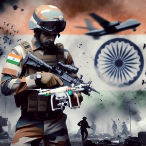 Indian soldier operating a drone on a battlefield, featuring an...