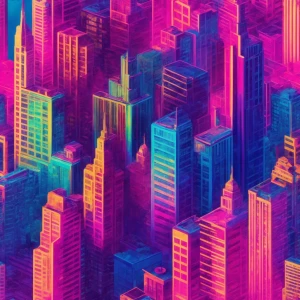 Create an ultra-realistic psychedelic cityscape inspired by 1960...