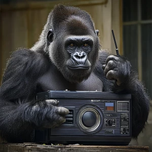 Gorilla turning on a boombox with its finger