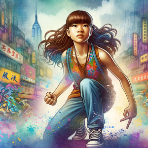 teenage girl, long brown hair and bangs, wearing tight skinny jeans and a halter top paint marks on her clothing, heroic pose Asian graffiti background, nearing on one knee