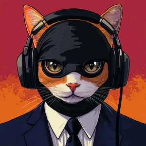An orange and white cat wearing a black balaclava that exposes o...