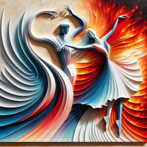 The image is an abstract brushed canvas painting depicting two g...