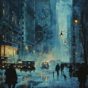 Night on Manhattan Street, winter, fog, Pissarro style, 2024