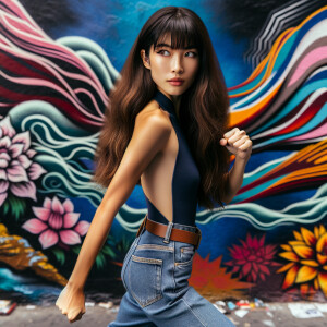 Very thin Athletic Thin skinny Attractive, Asian teenage girl, long brown hair and bangs, wearing tight skinny jeans and a halter top paint marks on her clothing, heroic sideways pose Asian graffiti background