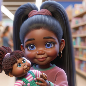 Create a 3-D realistic image of an African-American little girl above the age of five she has huge, blue eyes and thick long ponytails.
She is in a toy store and she is playing with her favorite african-American Cabbage Patch doll , the doll has deep, dimples and freckles