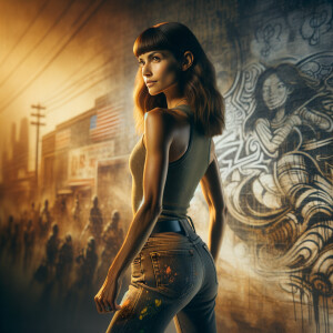 Athletic Thin skinny Attractive, Asian teenage girl, long brown hair and bangs, wearing tight skinny jeans and a halter top paint marks on her clothing, heroic pose Asian graffiti background, backside view