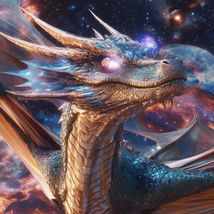 A space dragon with cosmic scales, glowing with the light of gal...