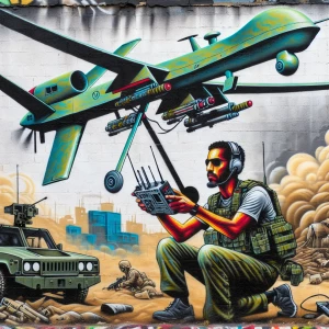 military drone with operator in battllefield graffiti