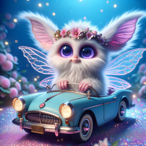 Imagine a whimsical, fluffy creature with large, sparkling purpl...