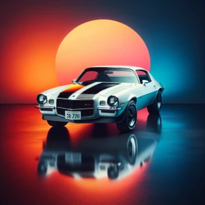 "Visualize a 1974 Camaro with a sleek white paint job accentuate...
