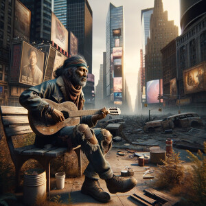 A guy playing his guitar in time square