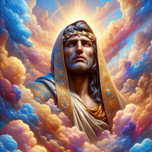 Create a 3-D realistic oil, painting brown 
Jesus Christ coming in the blue, gold, pink and white clouds with great power and glory up close, tears rolling down his face,