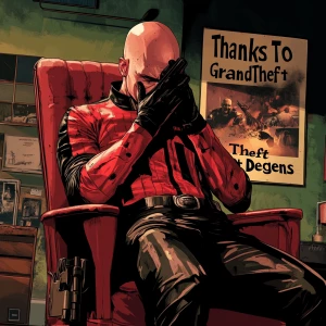 A bald man with a shiny head, dressed in a red and black long-sl...