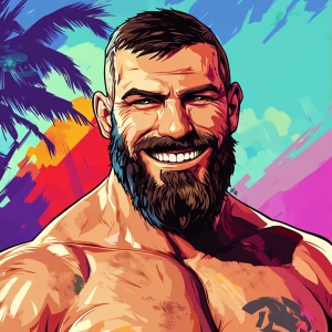 White muscular thin man with beard, big chin, smile and cheekbon...