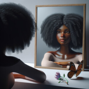 Create a 3-D realistic beautiful African-American  women with thick curly black hair
Looking at herself in the mirror, but the reflection she sees is a child, and she is no longer beautiful. She is ugly with scars. There is a fallen butterfly.