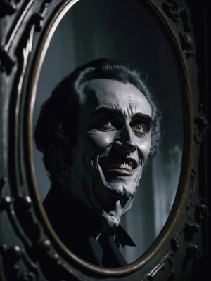 satisfied with smile Dracula’s face (like Christopher Lee face i...